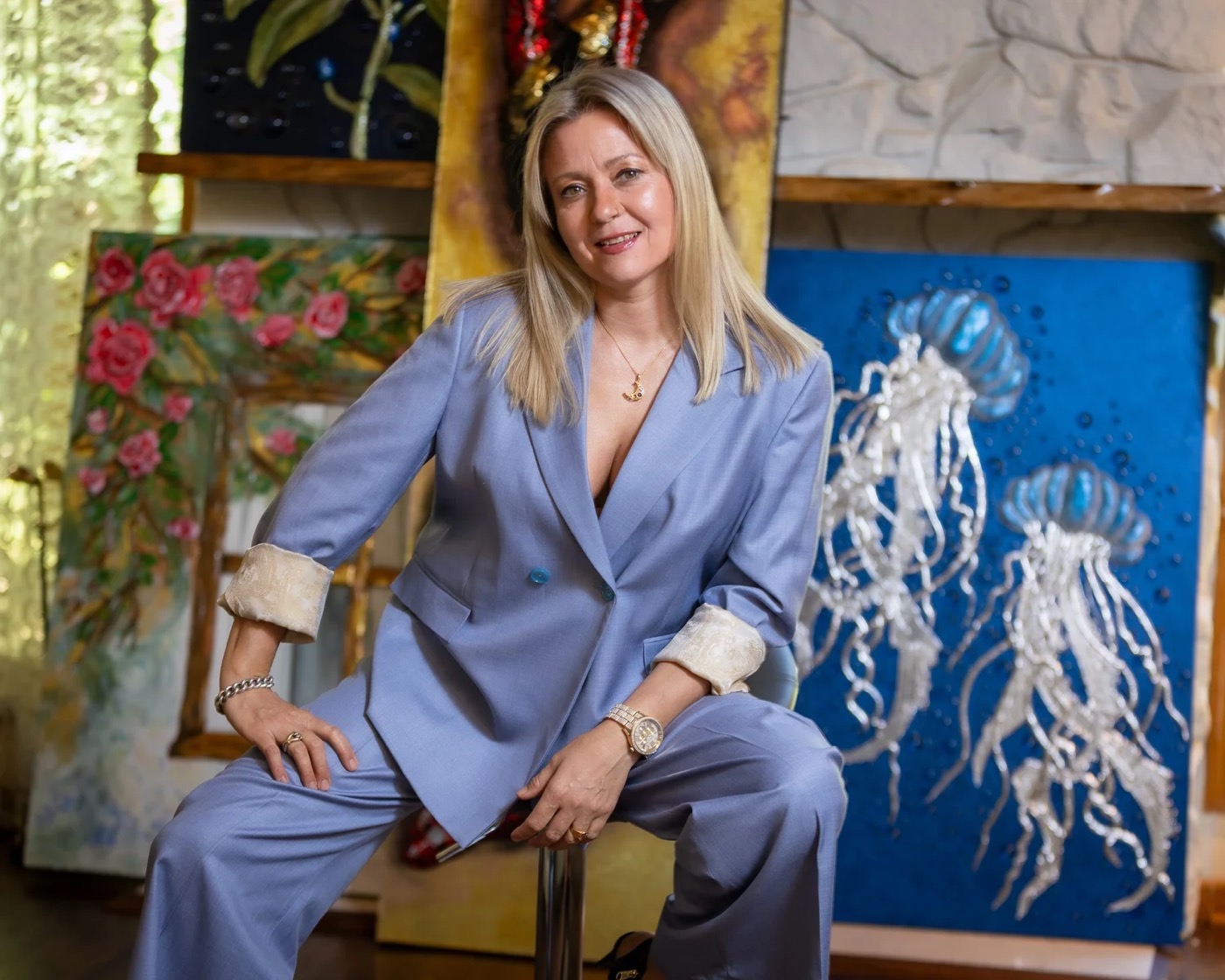 Natasha Sosnova in her studio with her sculptural artwork